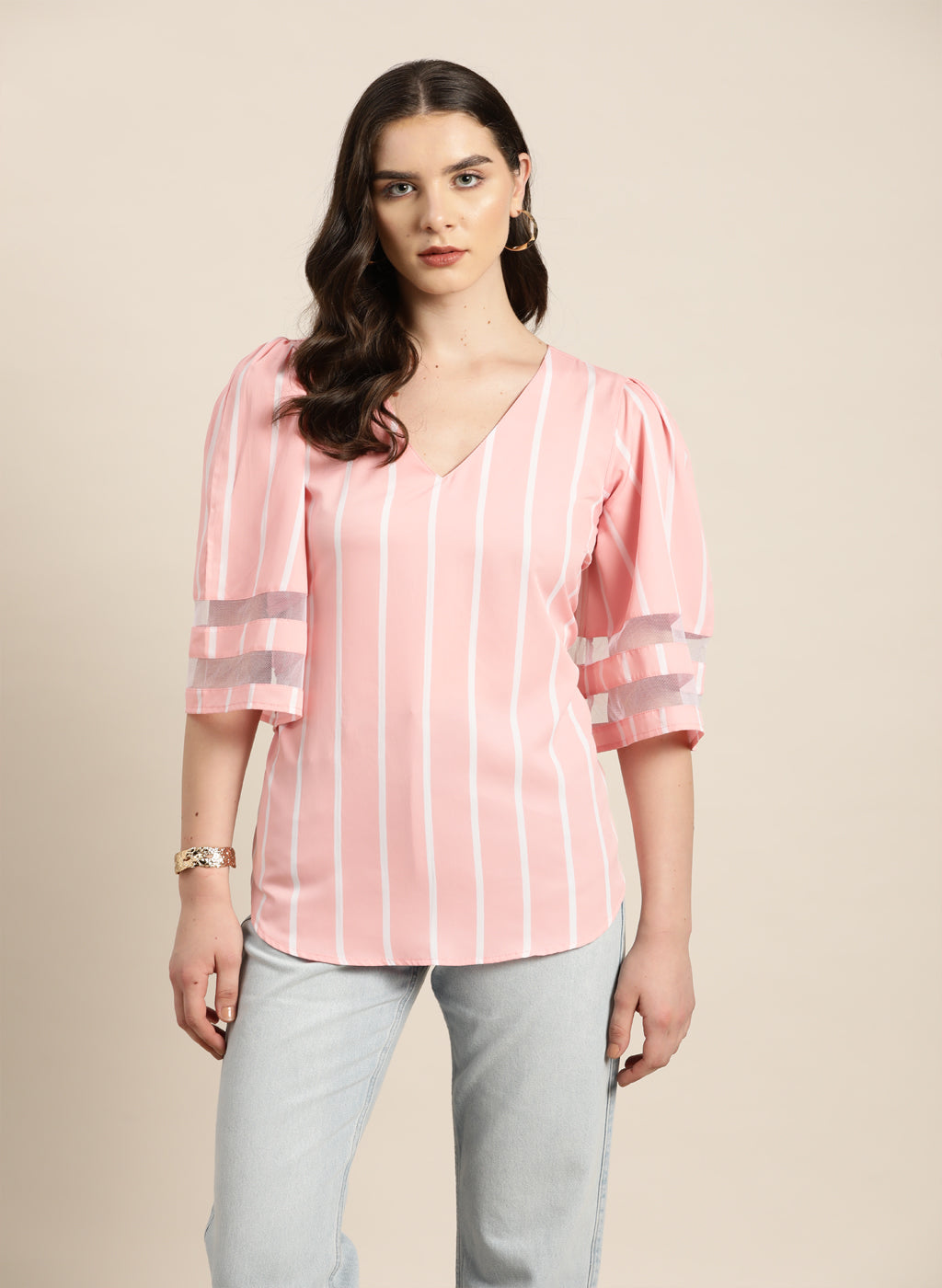 Pink and white stripe crepe top