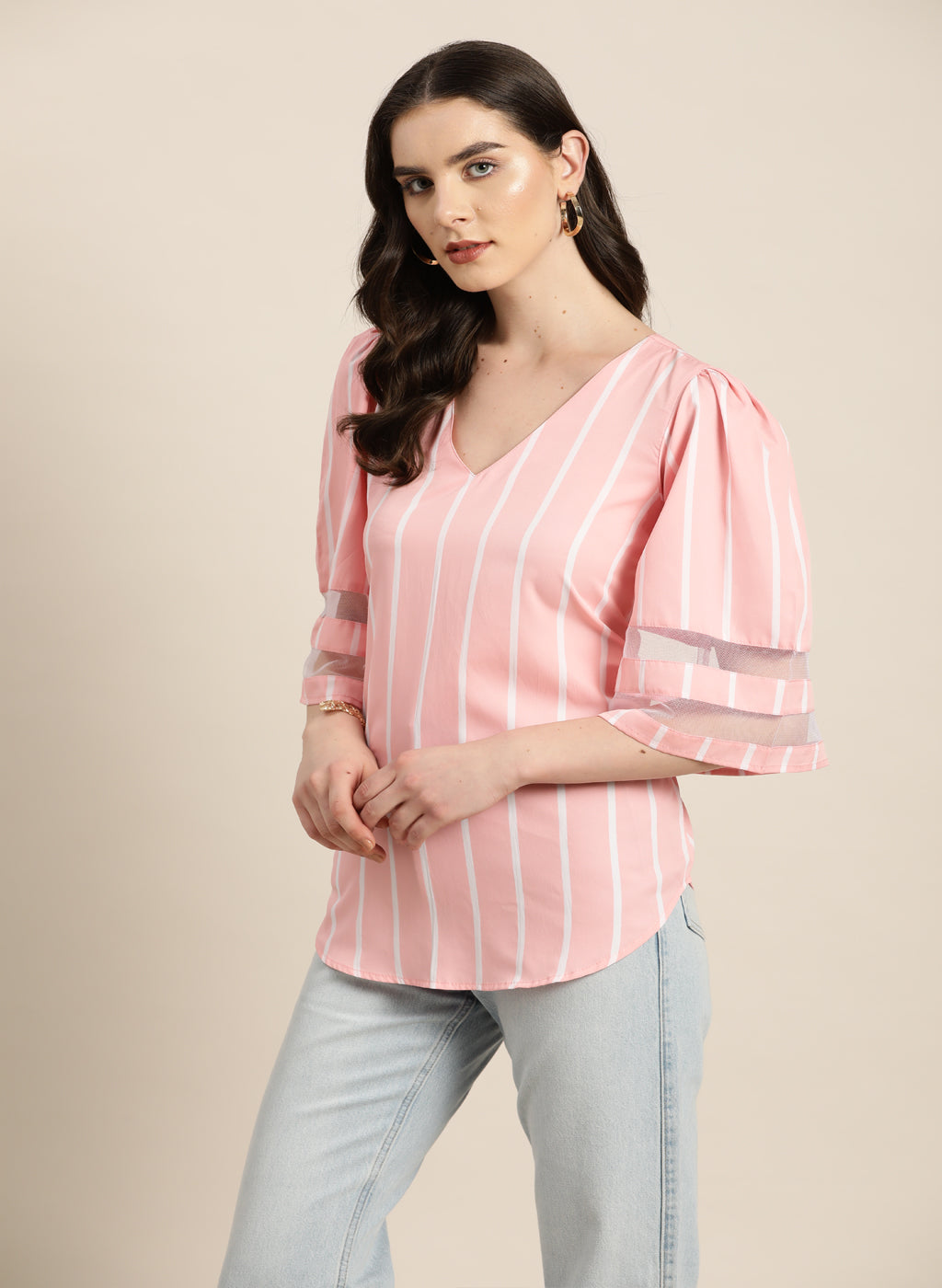 pink and white stripe crepe top