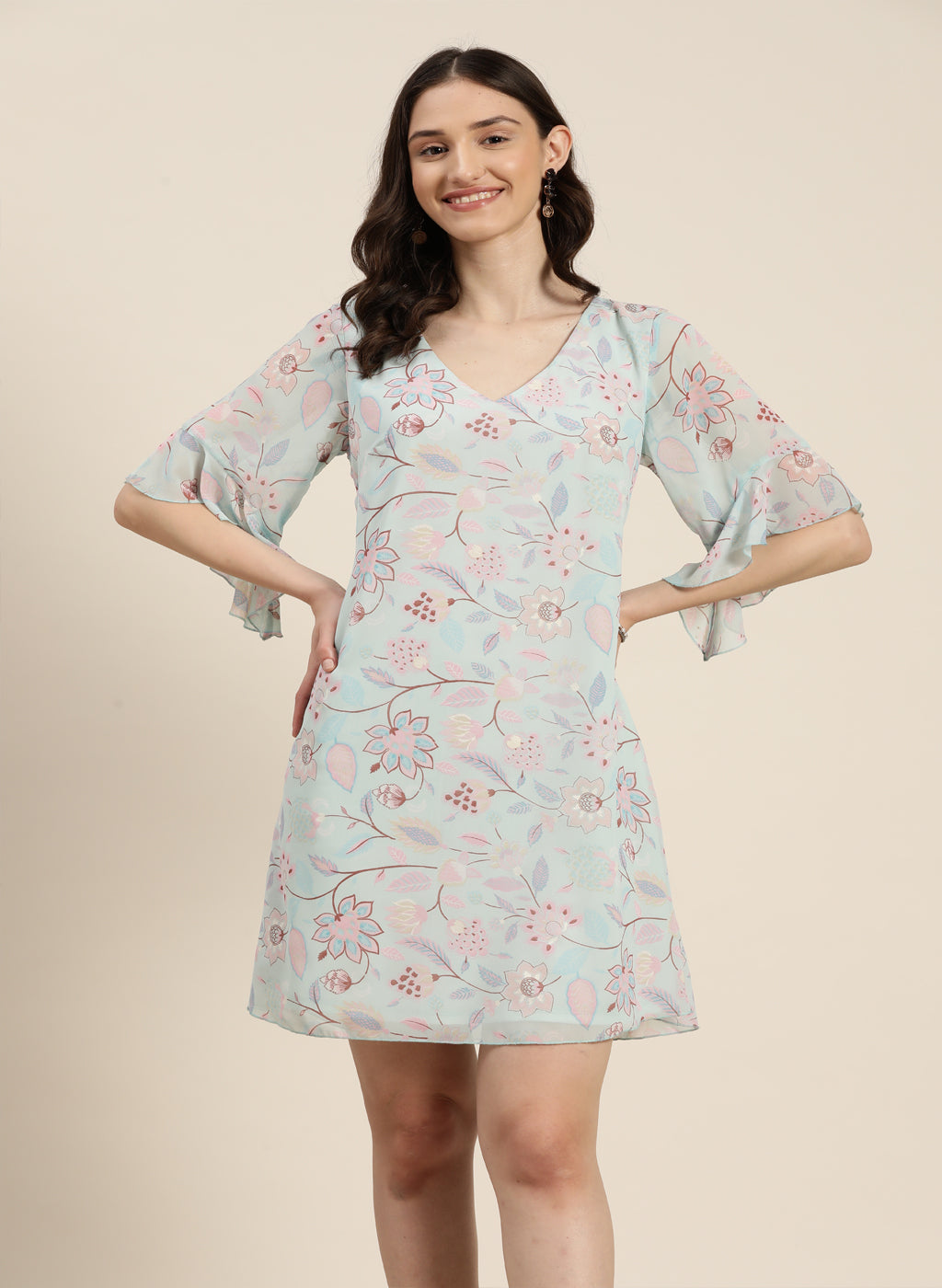 A-line sky blue floral georgette V neck dress