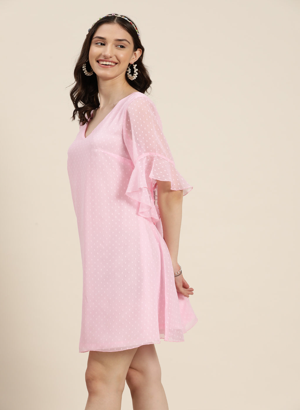 A-line pink swiss dot georgette dress