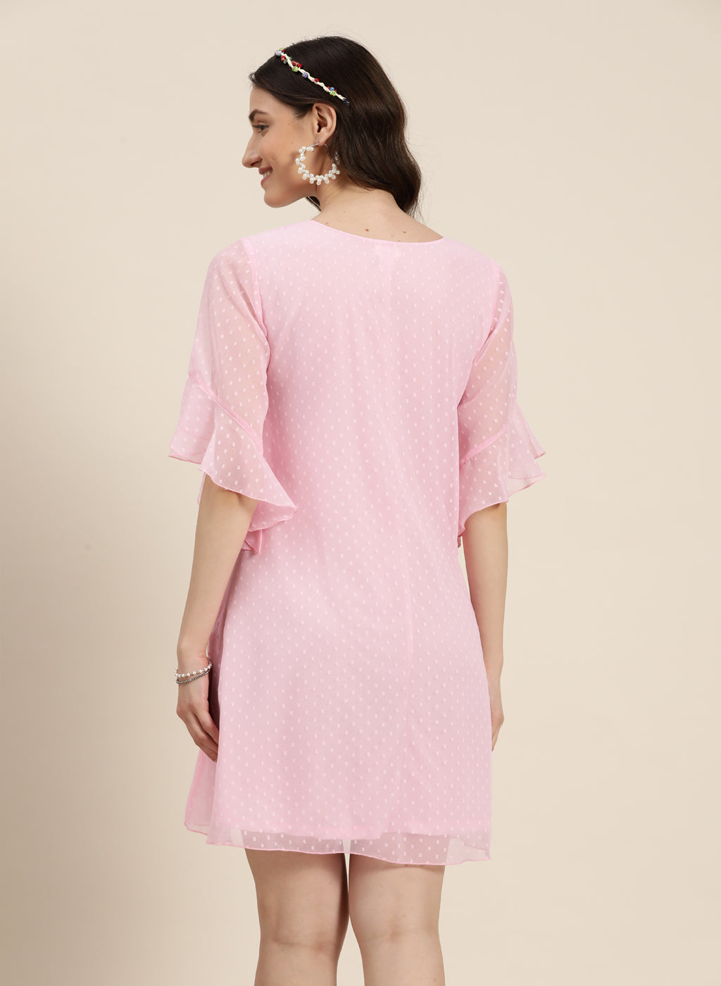 A-line pink swiss dot georgette dress