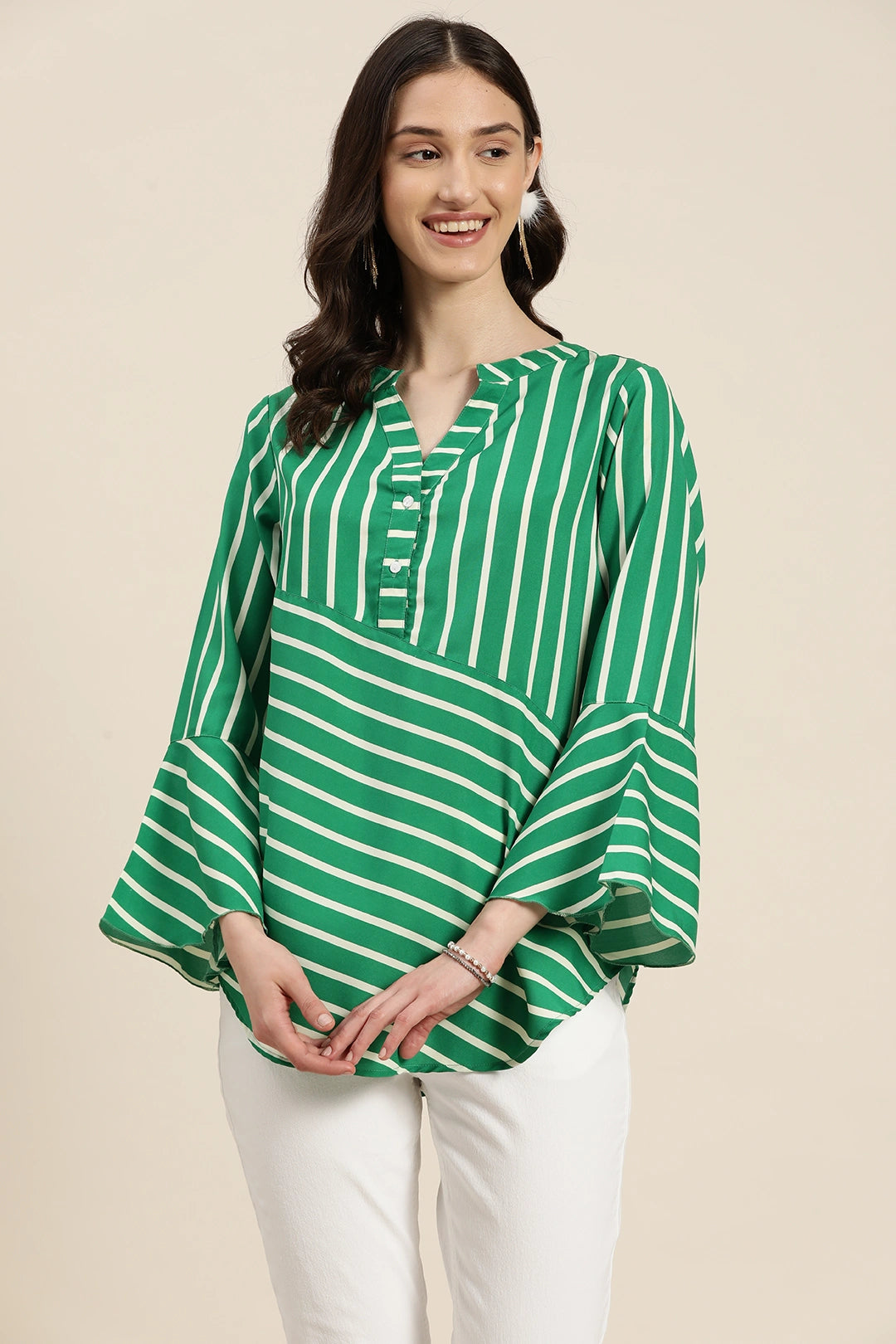 green and white stripe with mandrain collar top and bell sleeves