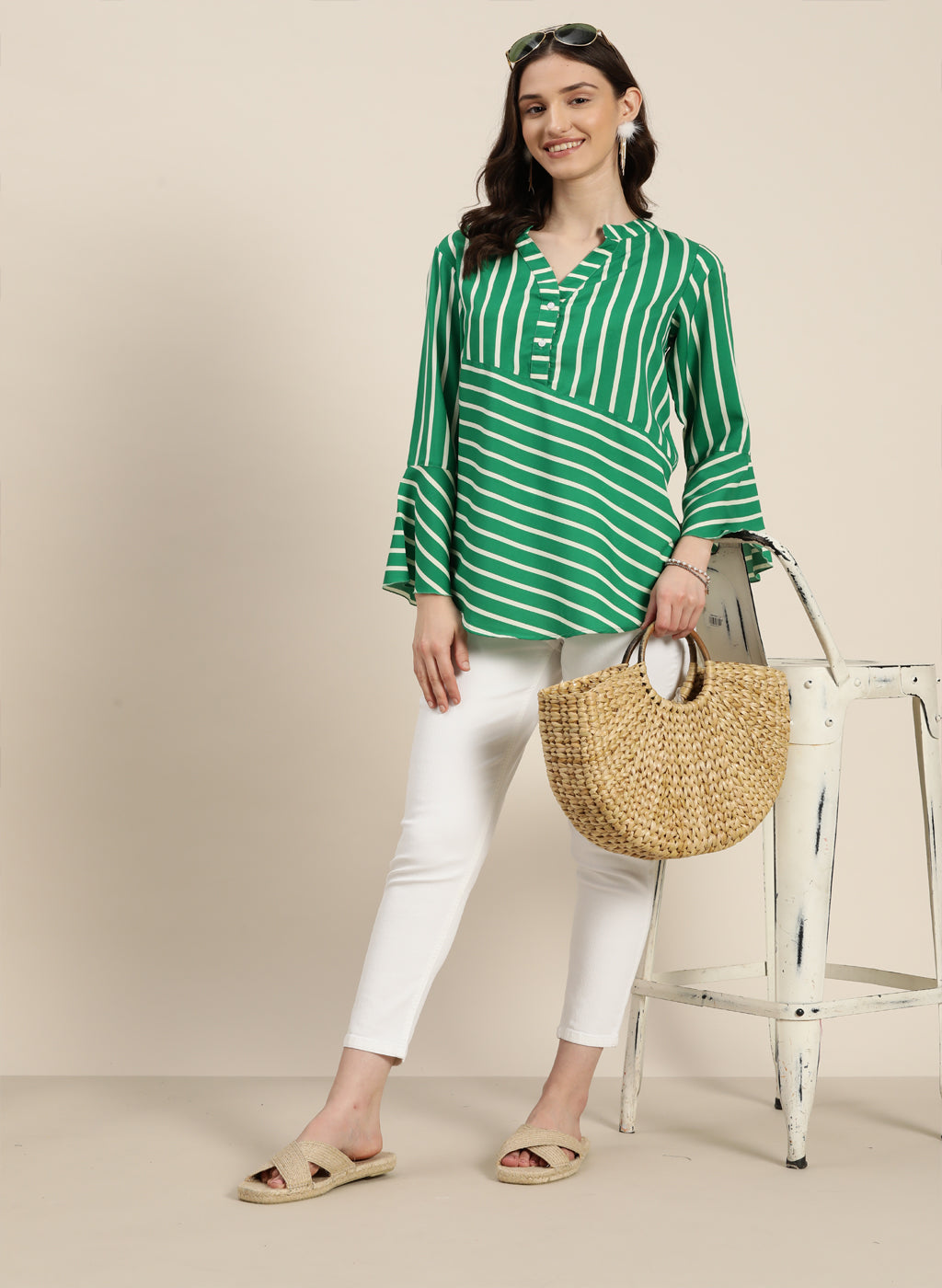 green and white stripe with mandrain collar top and bell sleeves