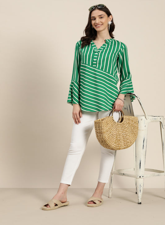 Green and white stripe with mandrain collar top and bell sleeves