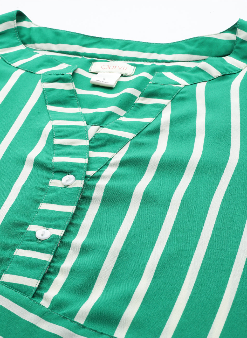 Green and white stripe with mandrain collar top and bell sleeves