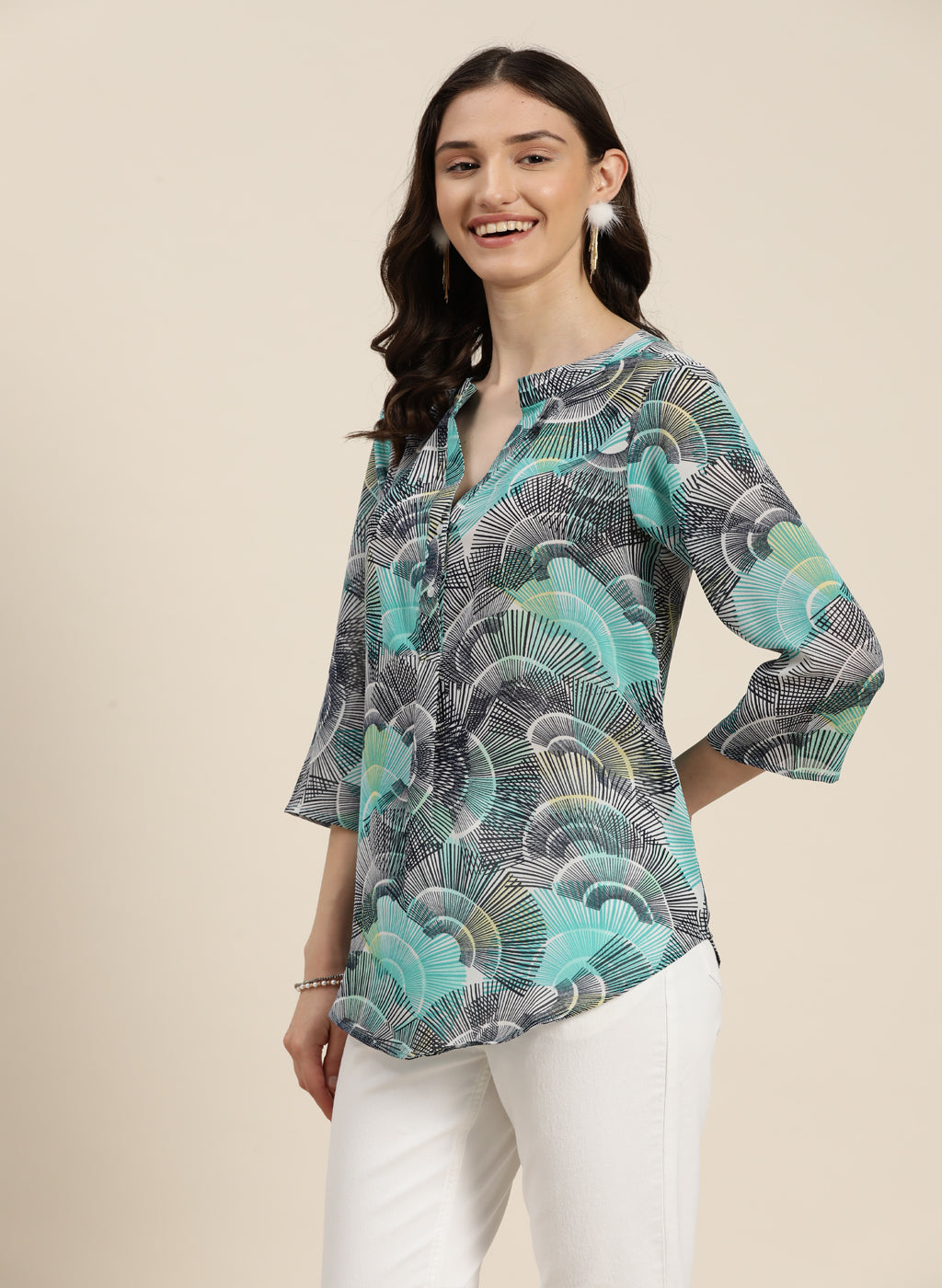 Turquoise abstract print half placket shirt