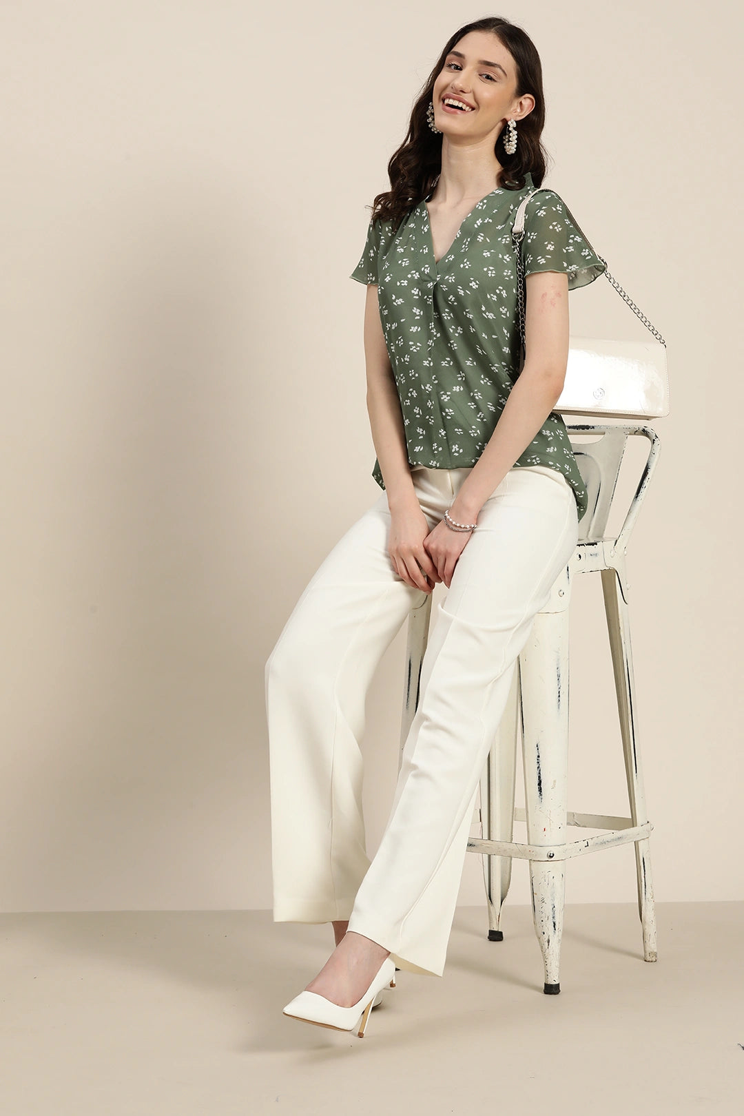 olive floral georgette V-neck top