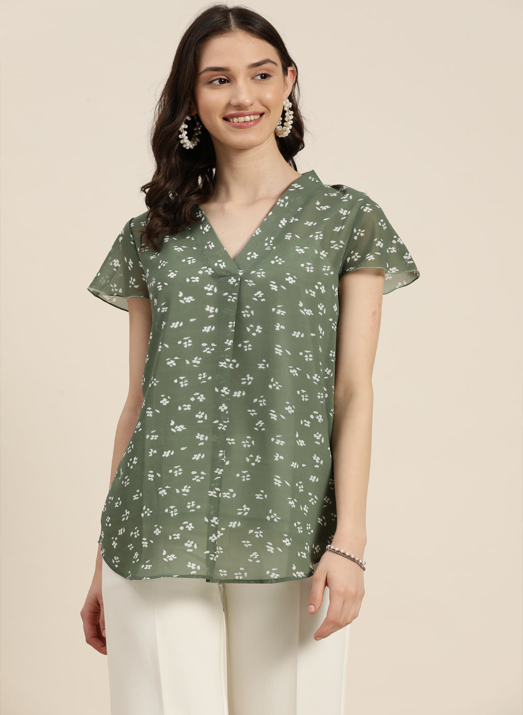 olive floral georgette V-neck top