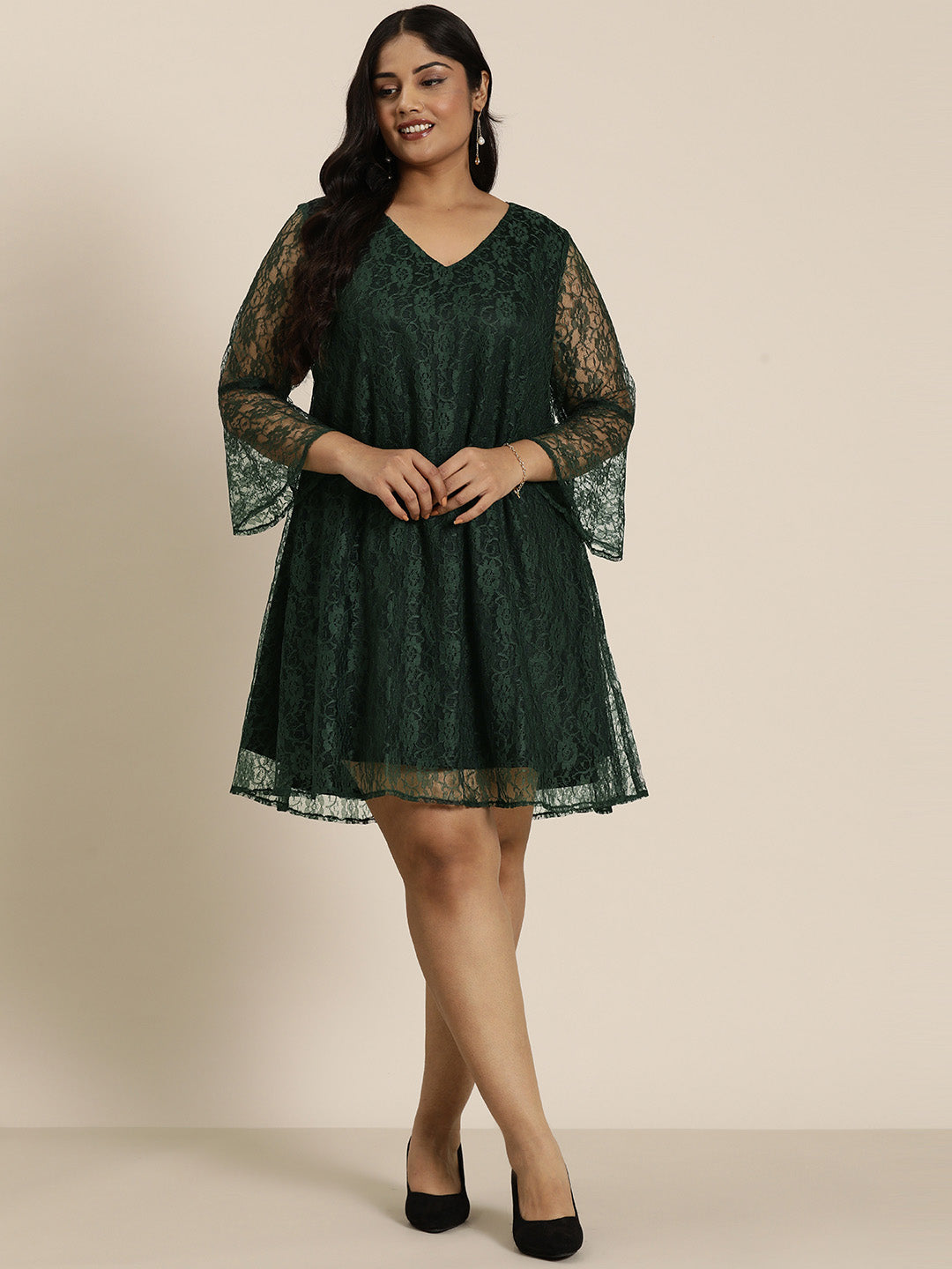 Green Flloral netA line dress