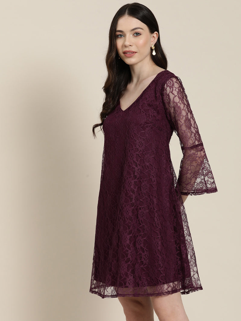 Burgundy Floral net A line dress