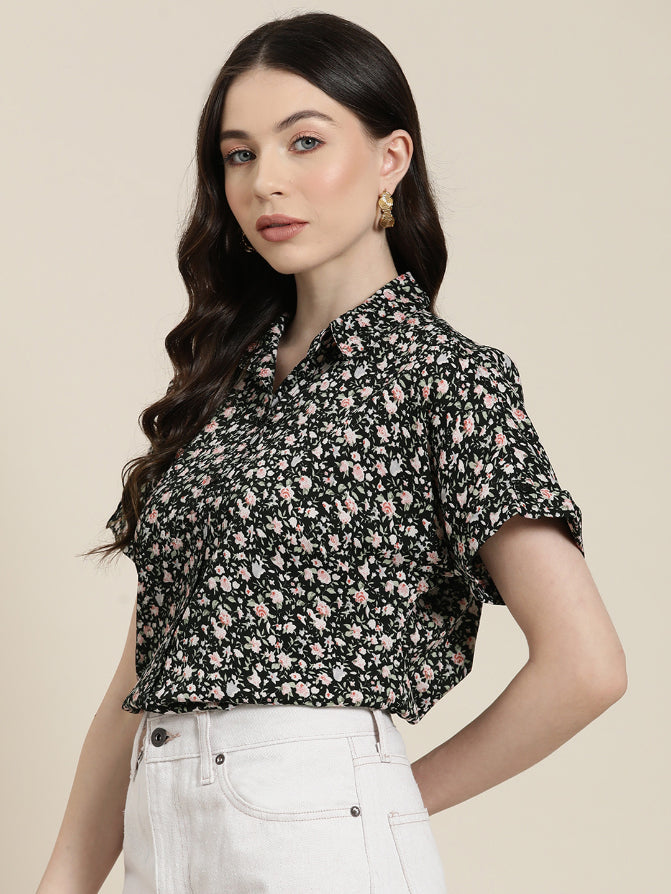 Black floral drop shoulder collar shirt