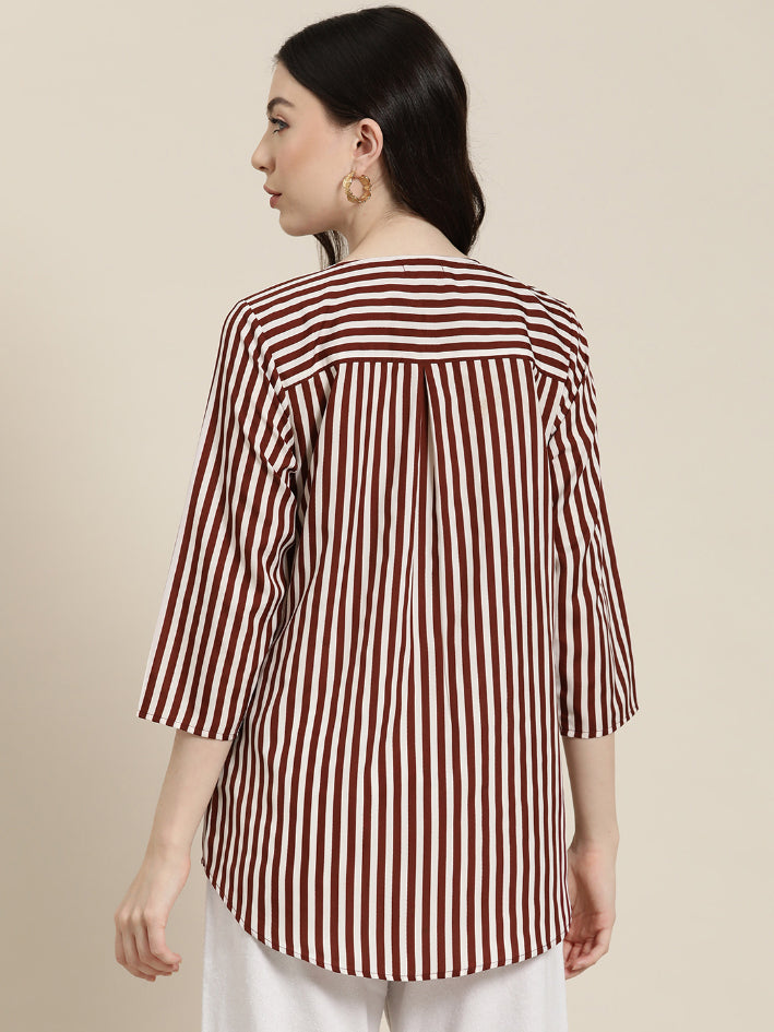 Wine and white striped flap collar shirt