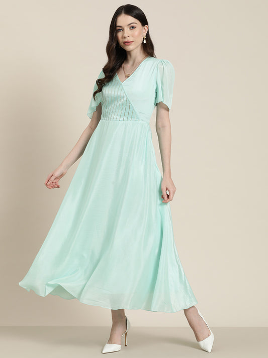 Turquoise flowy silhoute faux wrap around maxi party dress