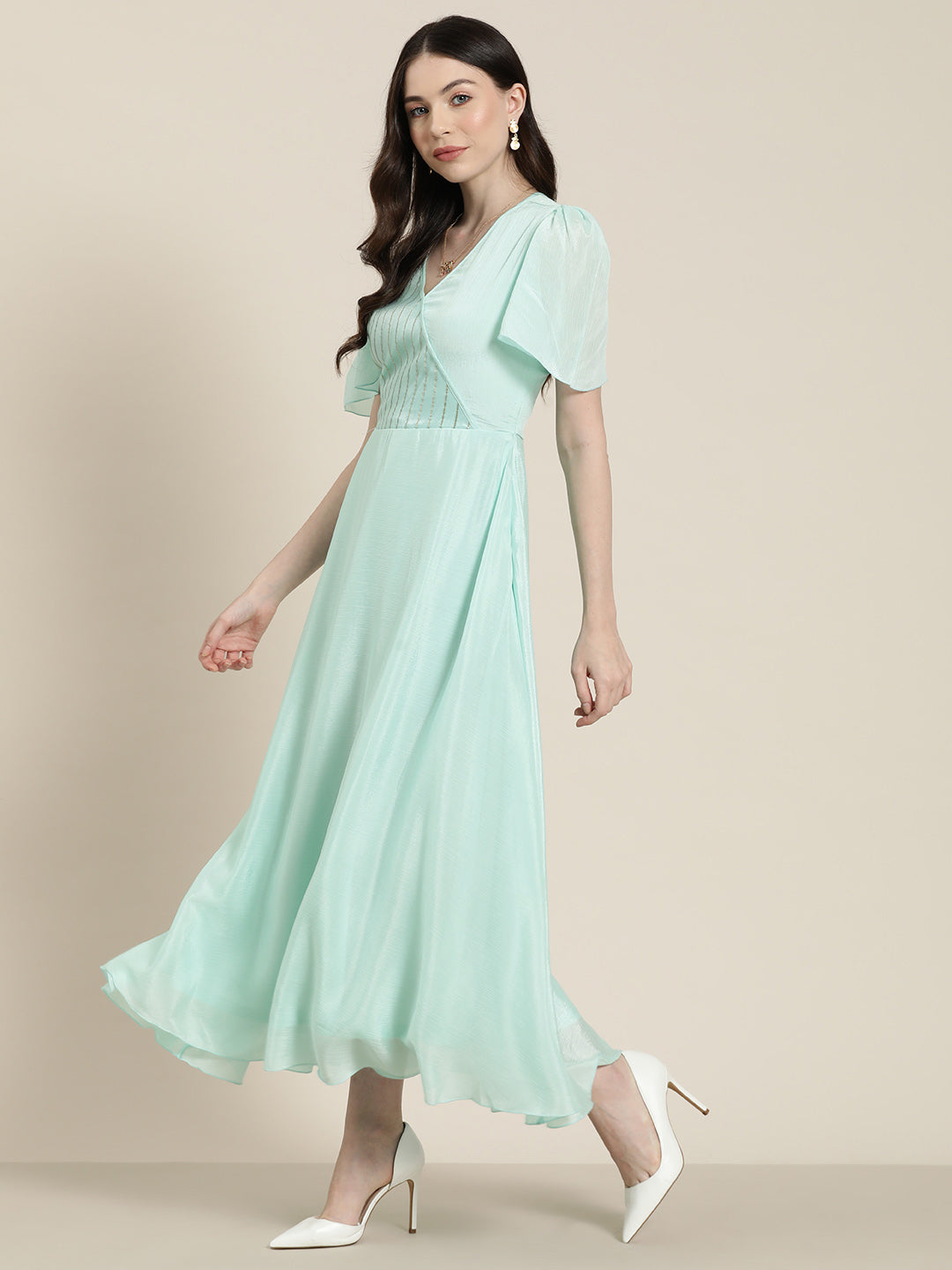 Turquoise flowy silhoute faux wrap around maxi party dress