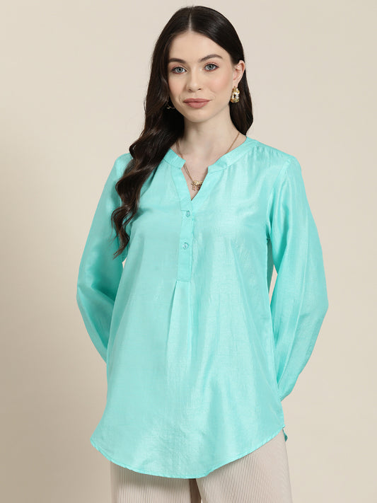 Qurvii Women Turquoise half placket party shirt