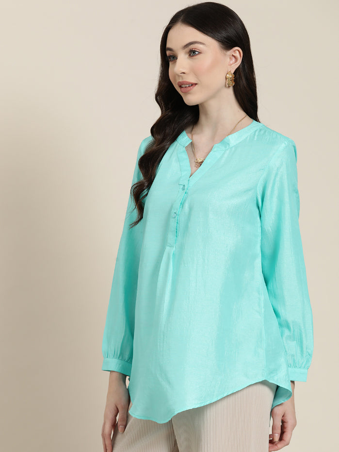 Qurvii Women Turquoise half placket party shirt