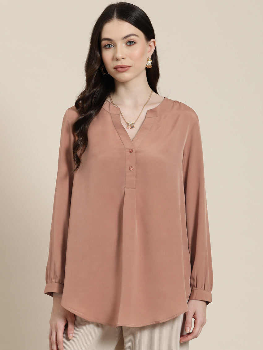 Caramel french crepe half placket shirt