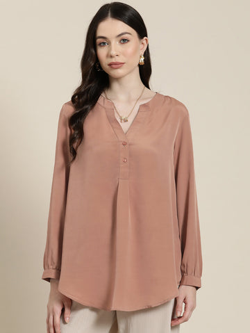 Caramel french crepe half placket shirt