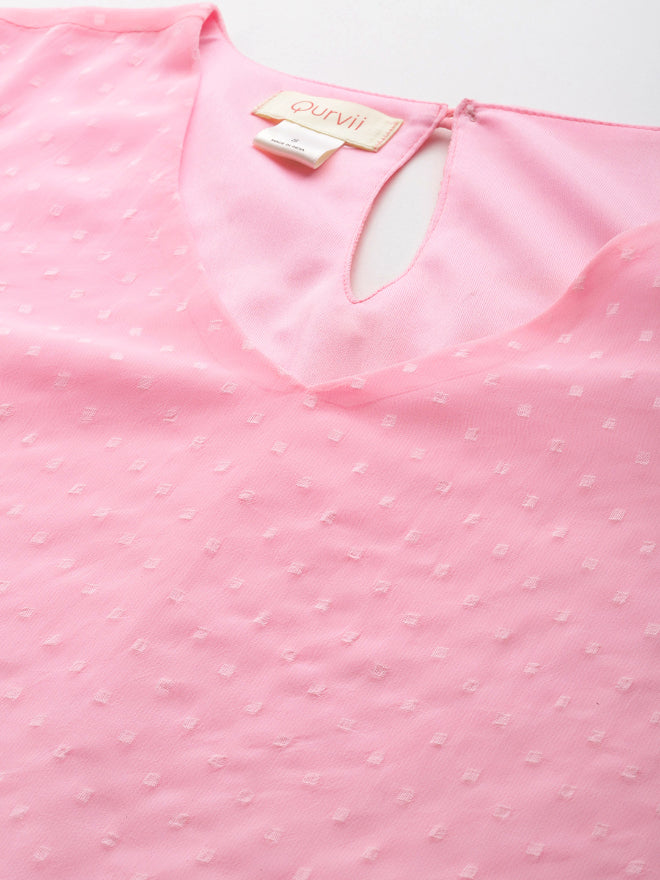 Pink Swiss dot cold shoulder ruffle top with bell sleeves