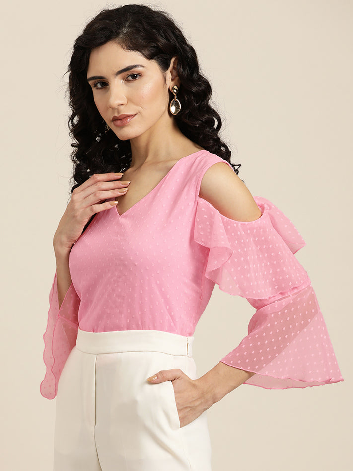 Pink Swiss dot cold shoulder ruffle top with bell sleeves