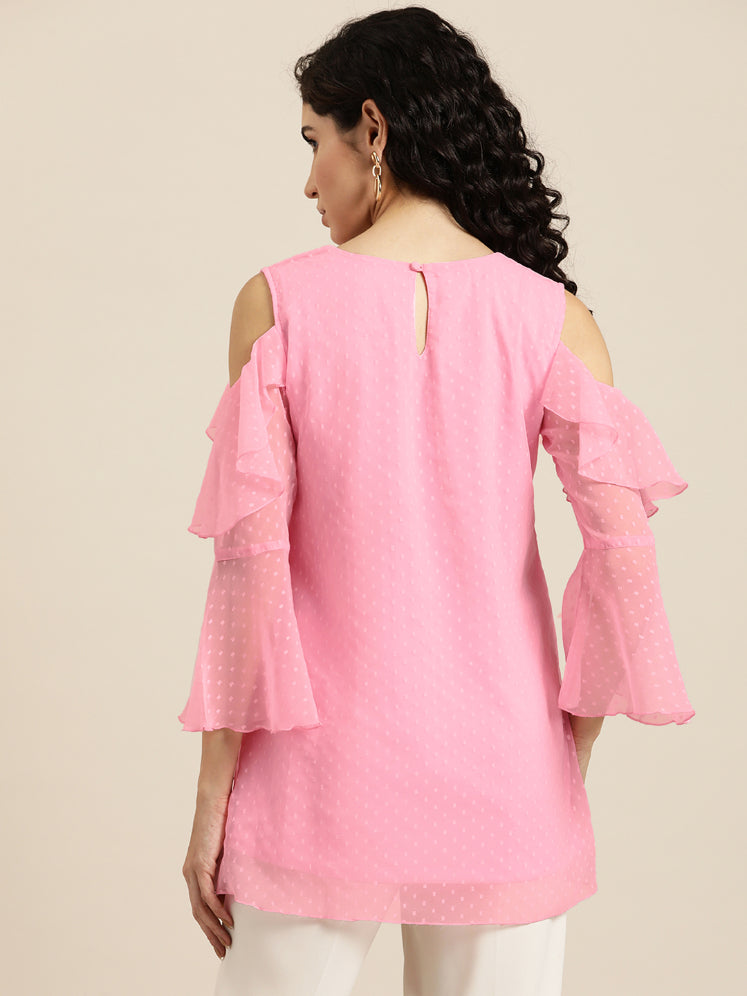 Pink Swiss dot cold shoulder ruffle top with bell sleeves