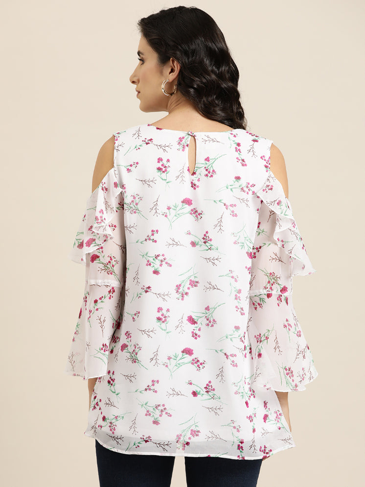 White floral cold shoulder ruffle op with bell sleeves
