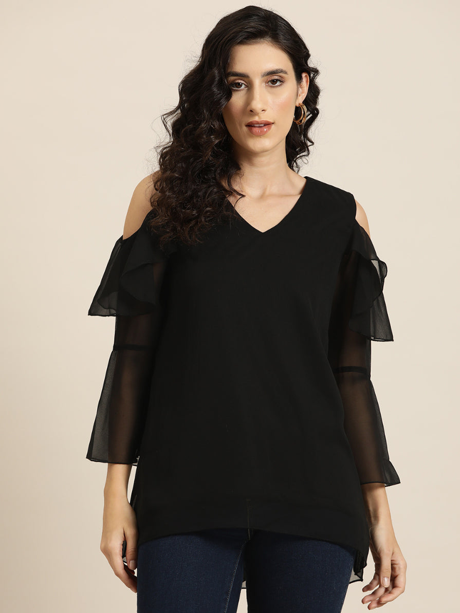 Black solid cold shoulder ruffle top with bell sleeves