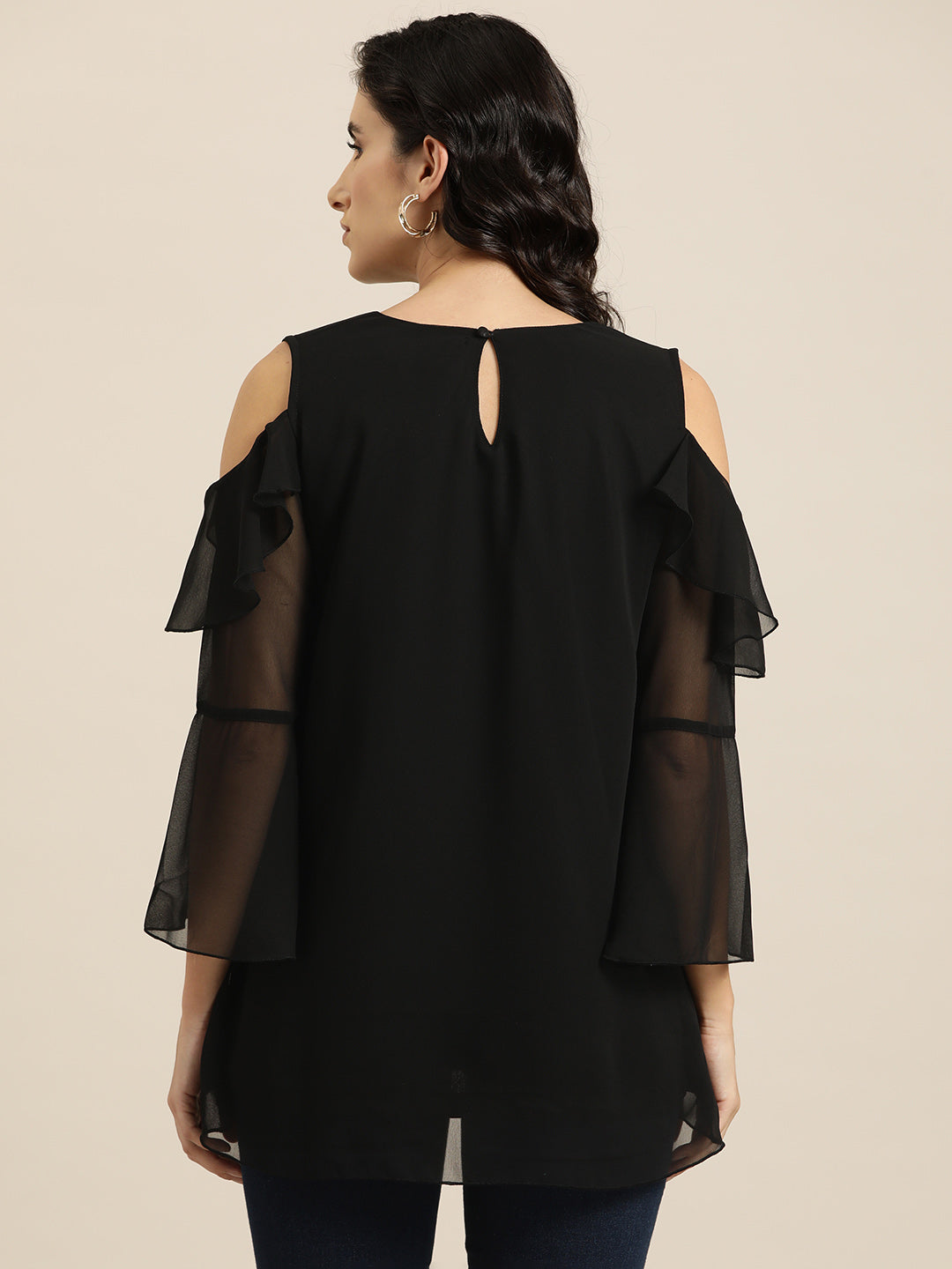 Black solid cold shoulder ruffle top with bell sleeves