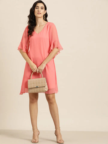 Georgette A-line V-neck dress with high-low bell sleeves