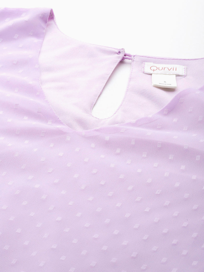 Lilac Swiss dot cold shoulder Ruffle top with bell sleeves