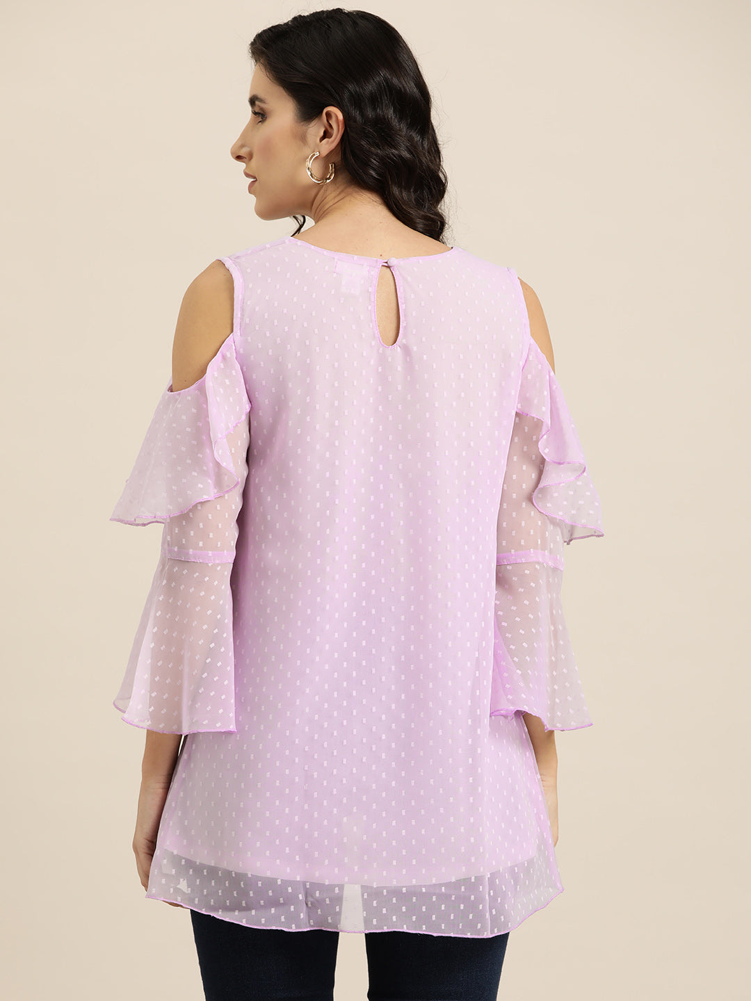 Lilac Swiss dot cold shoulder Ruffle top with bell sleeves