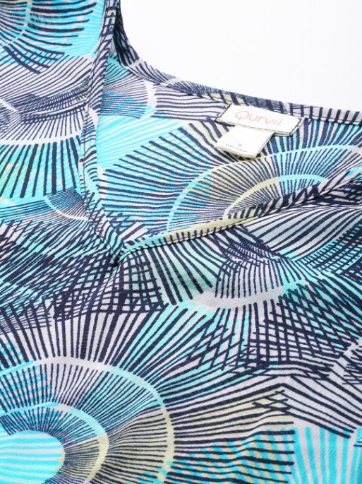 Turquoise geometric print kaftan with tassels