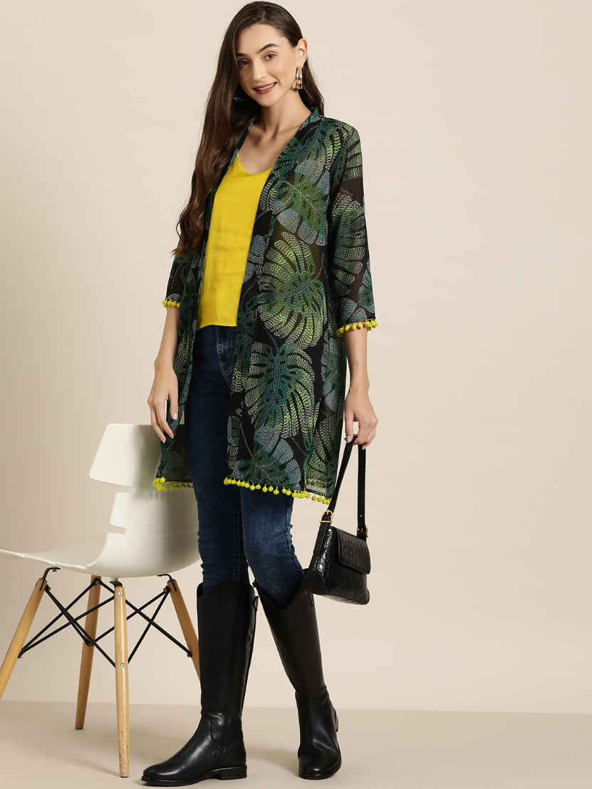 Green Tropical print shrug with 3/4 regular sleeves and contrast neon pompom lace