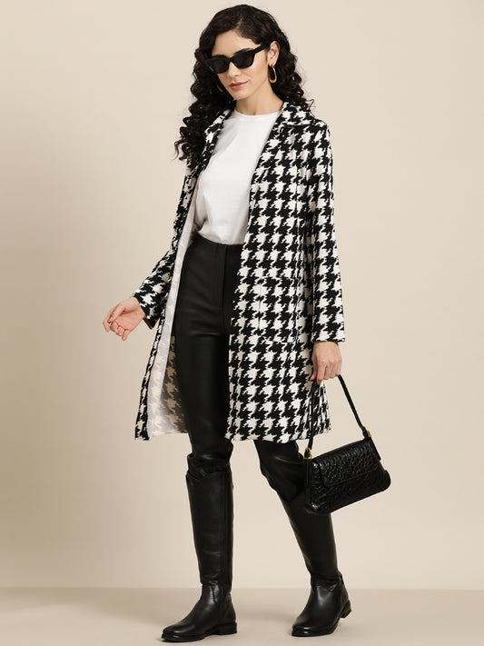 Black and white houndstooth long coat