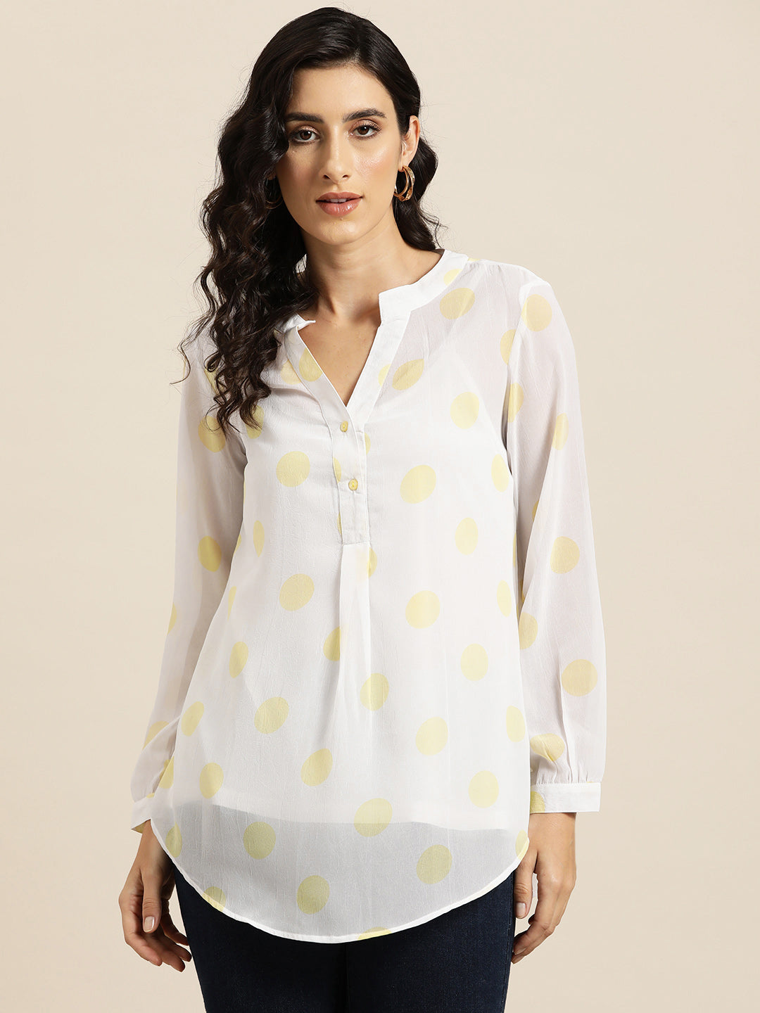 White and yellow polka georgette half placket shirt with full sleeves