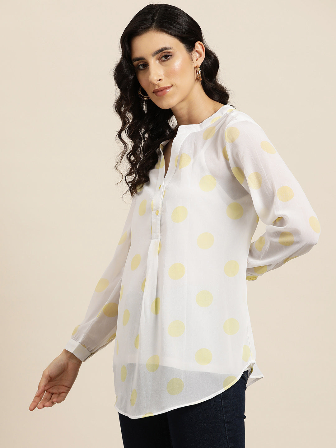 White and yellow polka georgette half placket shirt with full sleeves