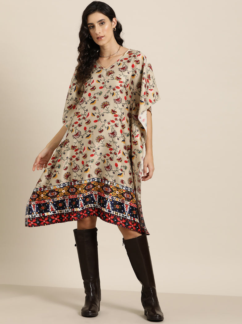 Floral border print V Neck Silk Kaftan dress