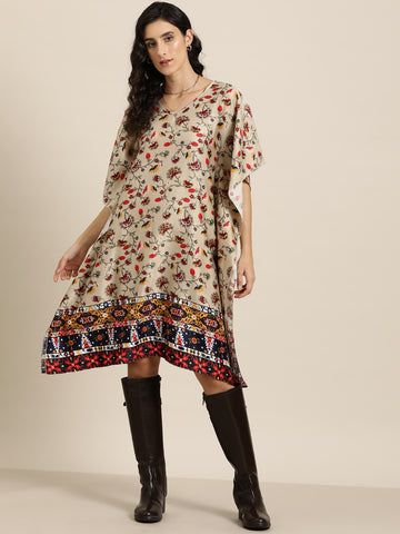 Floral border print V Neck Silk Kaftan dress