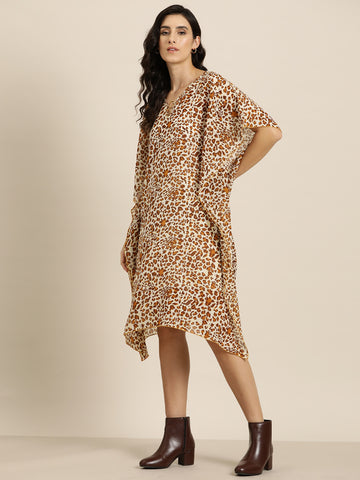 Leopard print V neck Kaftan embellished with gold metal ring