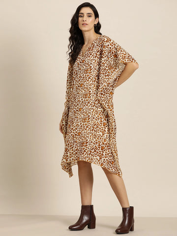 Leopard print V neck Kaftan embellished with gold metal ring