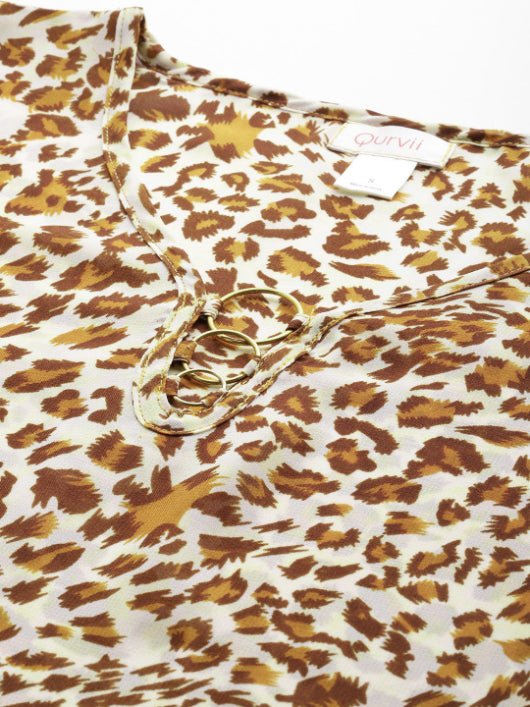 Leopard print V neck Kaftan embellished with gold metal ring