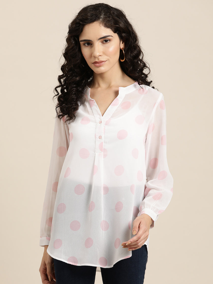 White and pink polka georgette mandrain collar shirt