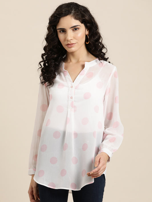 White and pink polka georgette mandrain collar shirt