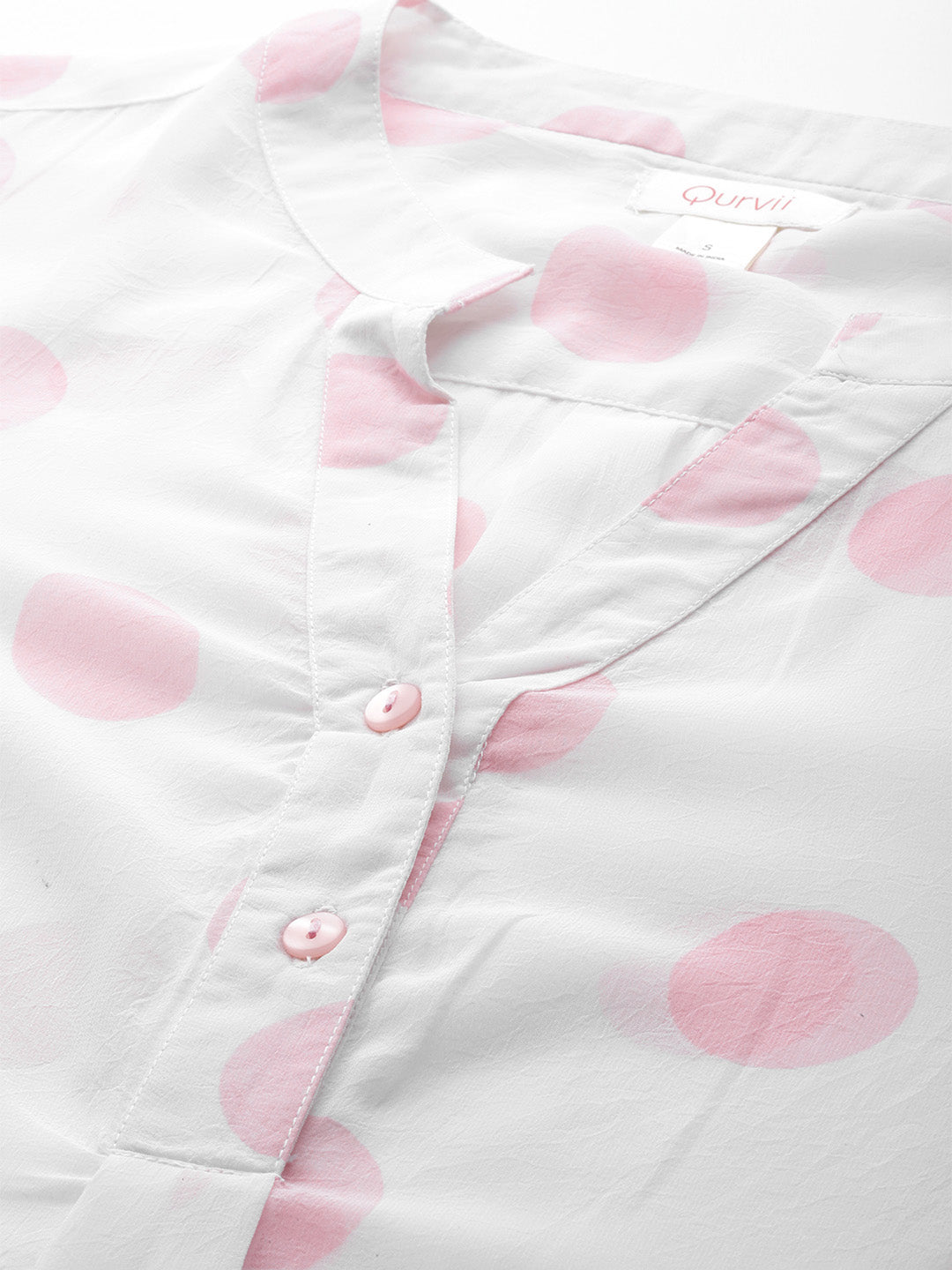 White and pink polka georgette mandrain collar shirt