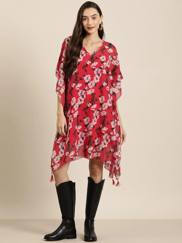 Red and white floral below knee length kaftan dress