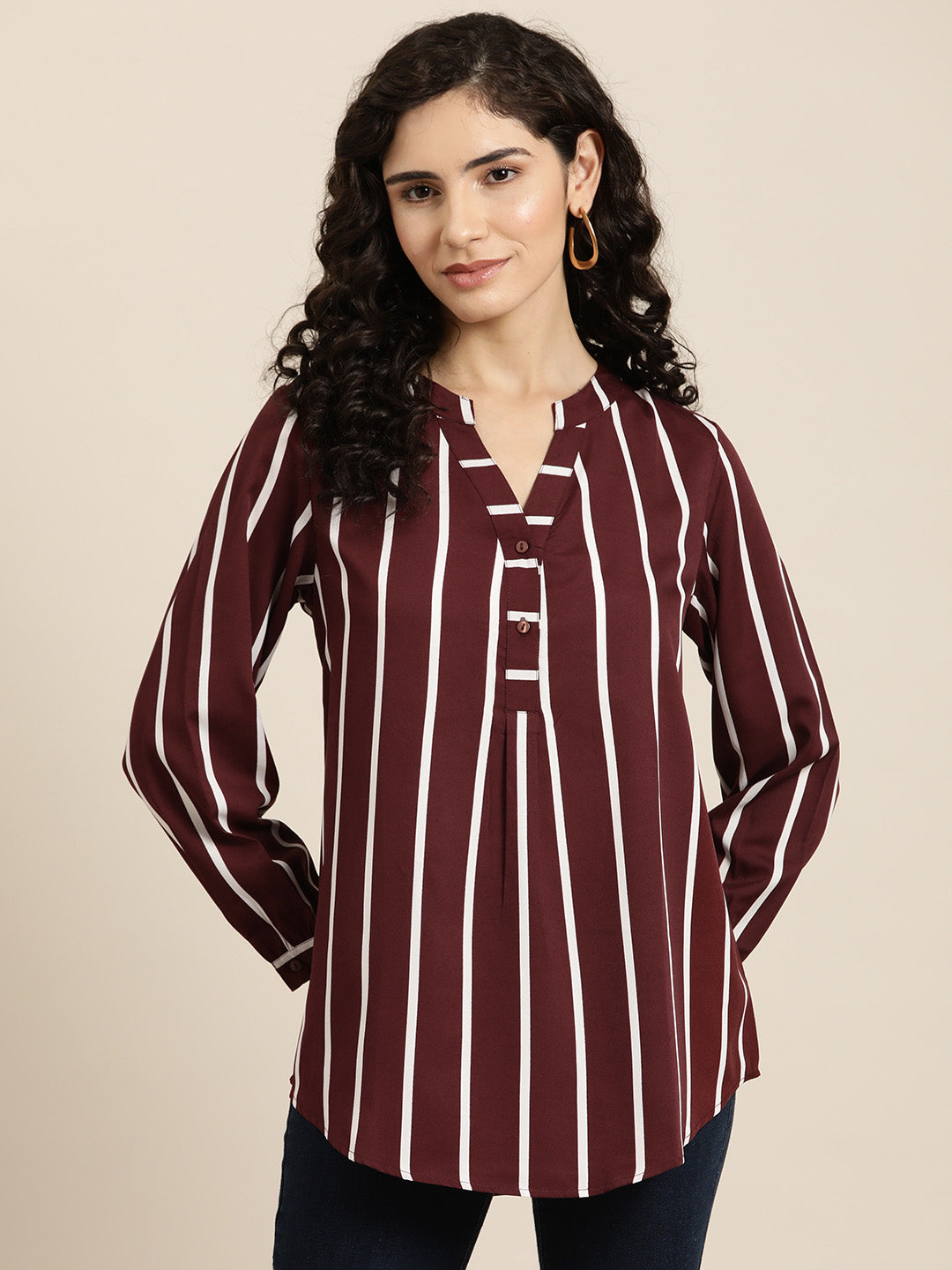 Wine & white striped half placket shirt with full cuff sleeves