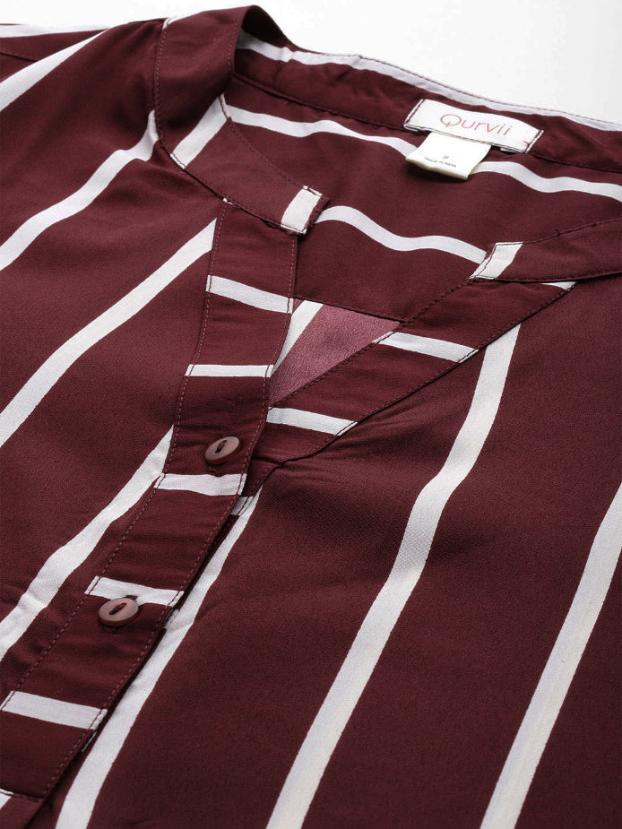 Wine & white striped half placket shirt with full cuff sleeves