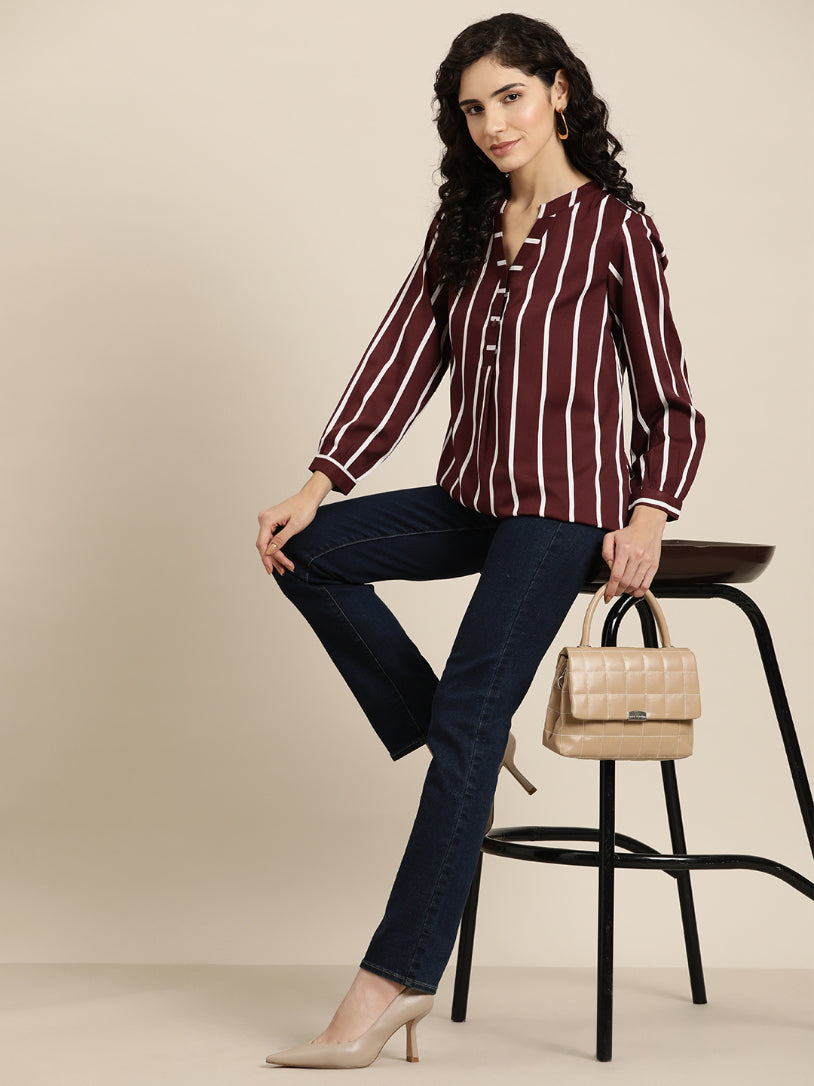 Wine & white striped half placket shirt with full cuff sleeves