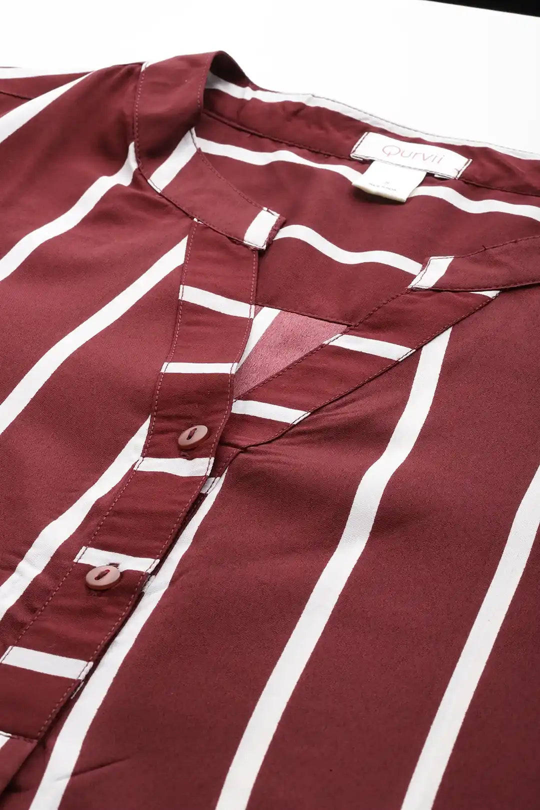 Wine & white striped half placket shirt with full cuff sleeves