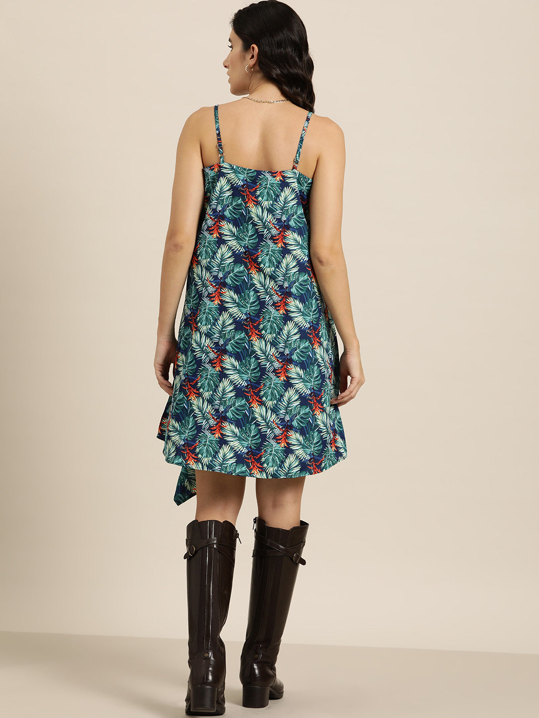 Tropical print asymmetrical dress with adjustable strap